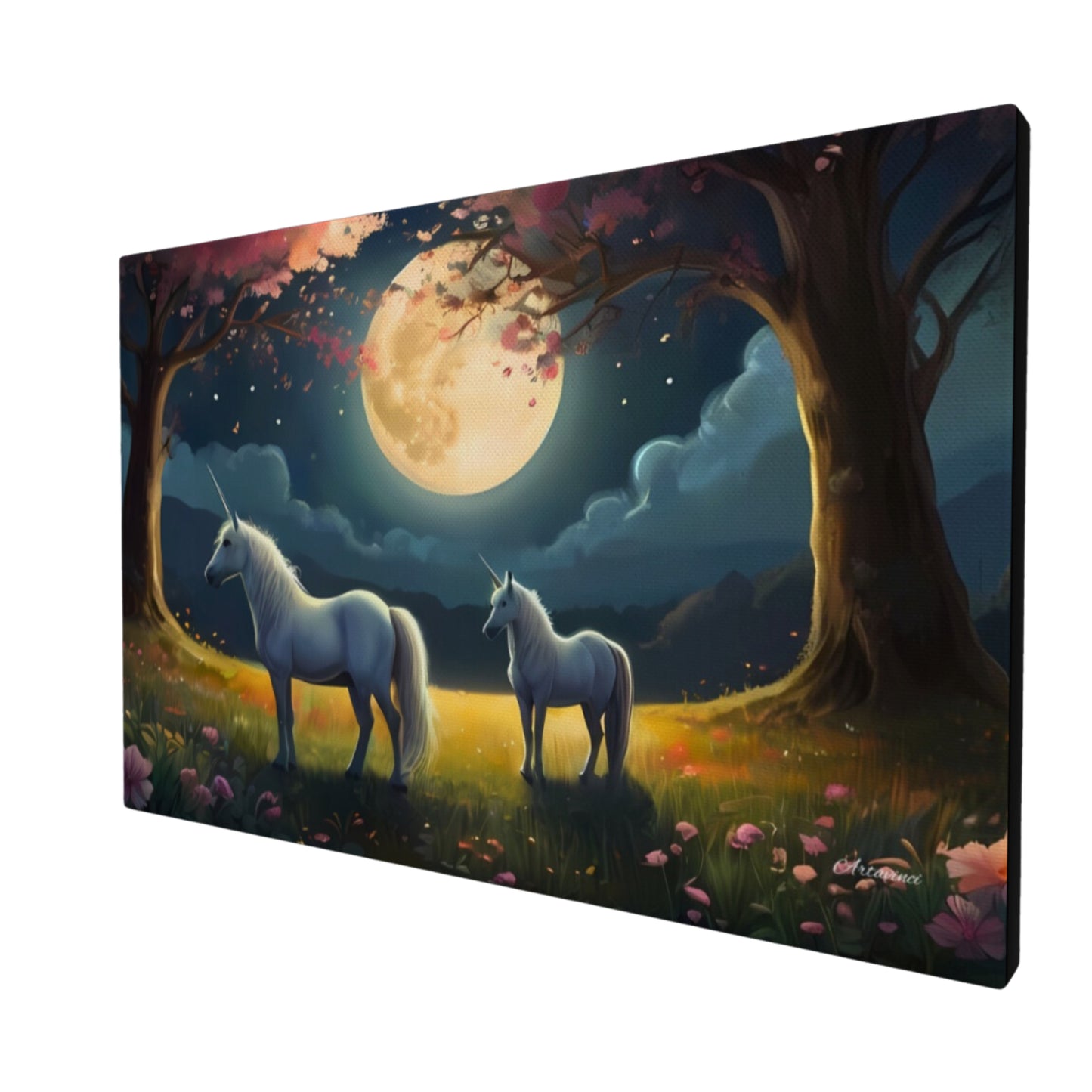 Two White Unicorns Standing in Forest Full Moon Canvas Art